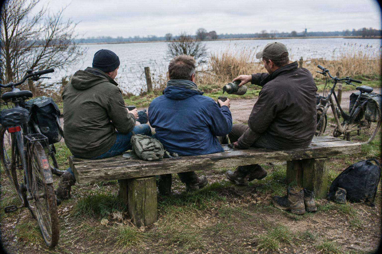 Drie vrienden drinken koffie tijdens een fietstocht langs het water