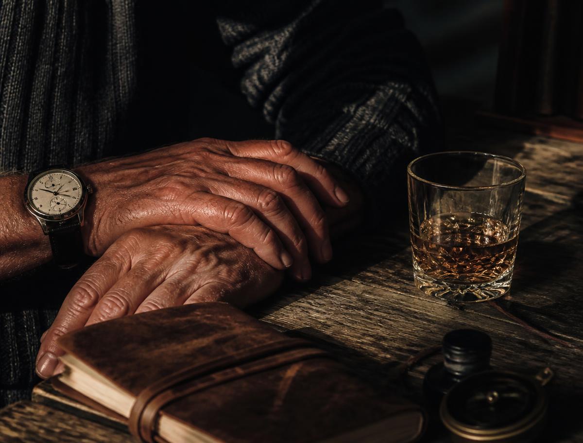 Doorleefde mannenhanden op een houten tafel met notitieboek, horloge en glas