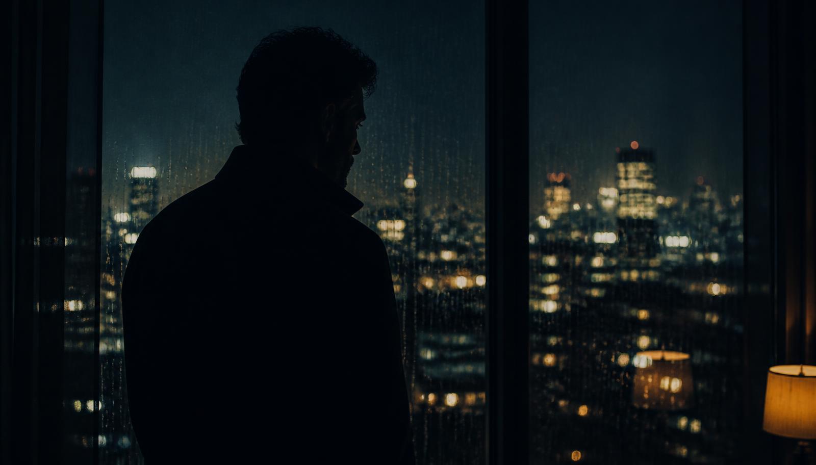 Silhouet van een man voor een regenachtig raam met stadslichten